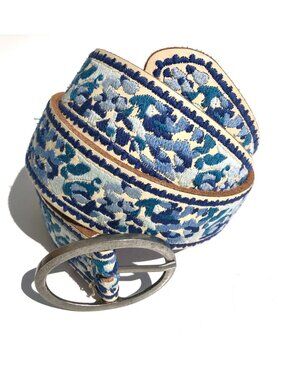 Lucky Brand Embroidered Leather Belt Womens L Cream Blue Boho India Silver Tone